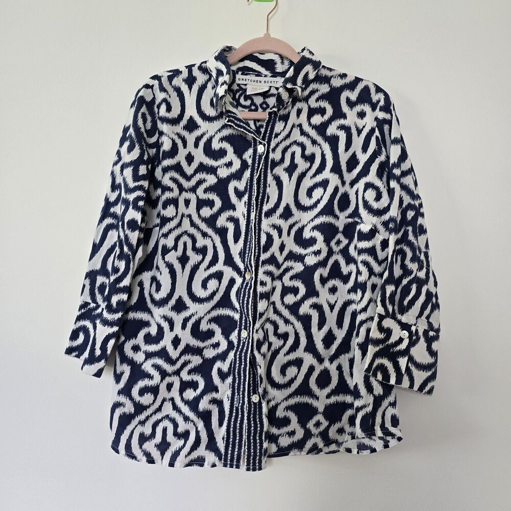 Gretchen Scott Button-Down Shirt Women L Blue Floral Arabesque-print Top Cotton